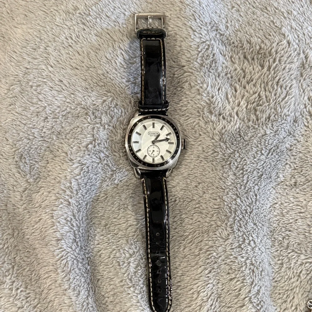 Coach Silver-Tone Watch with White Dial and Black Patent Strap - Picture 2 of 4